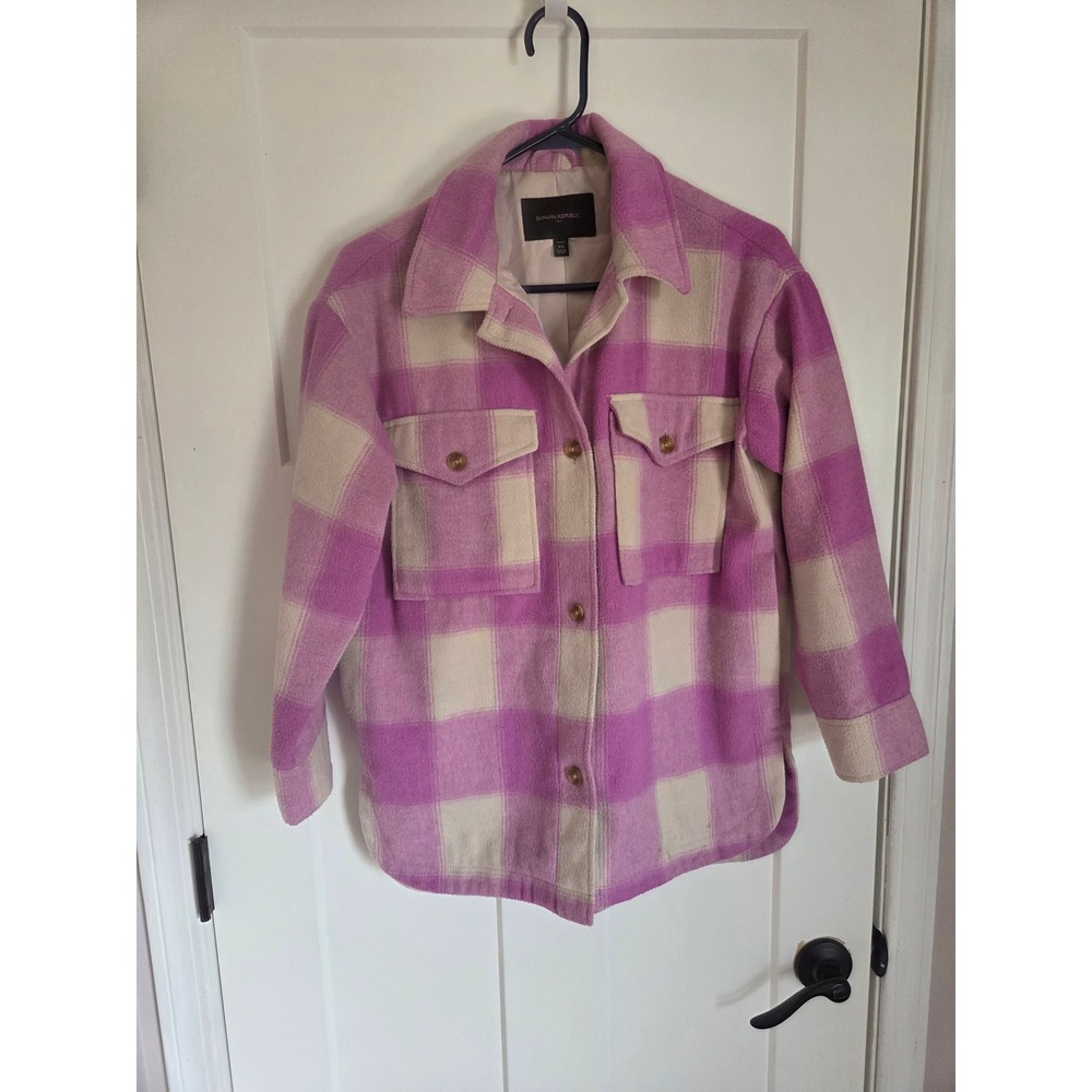 Banana Republic Purple Plaid Wool Blend Shacket Shirt Jacket Petite XS Oversized